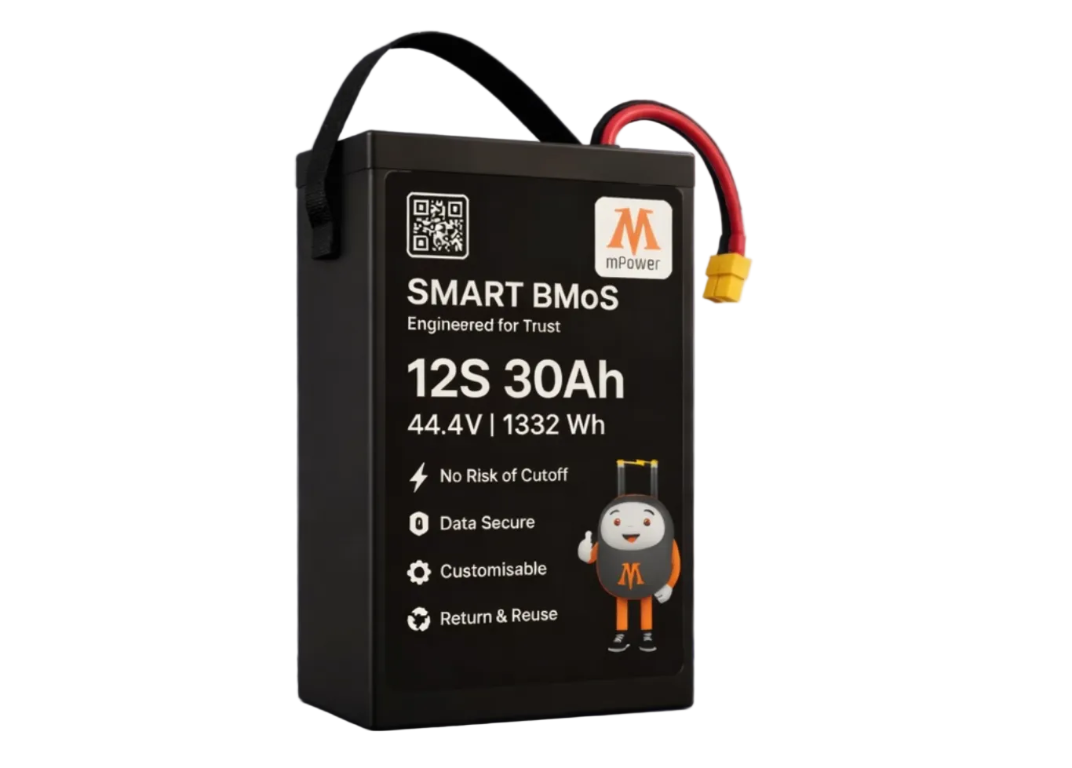 Smart battery pack with Mpow branding on a gray background