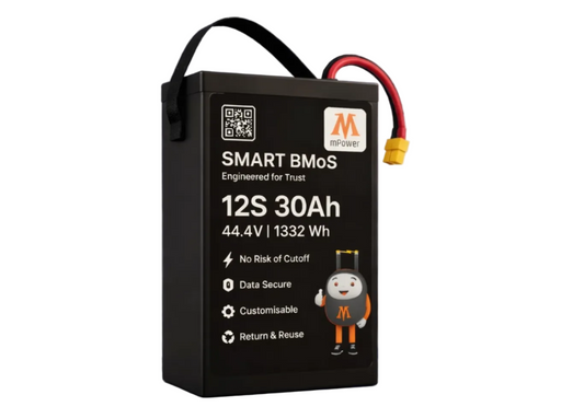 Smart battery pack with Mpow branding on a gray background